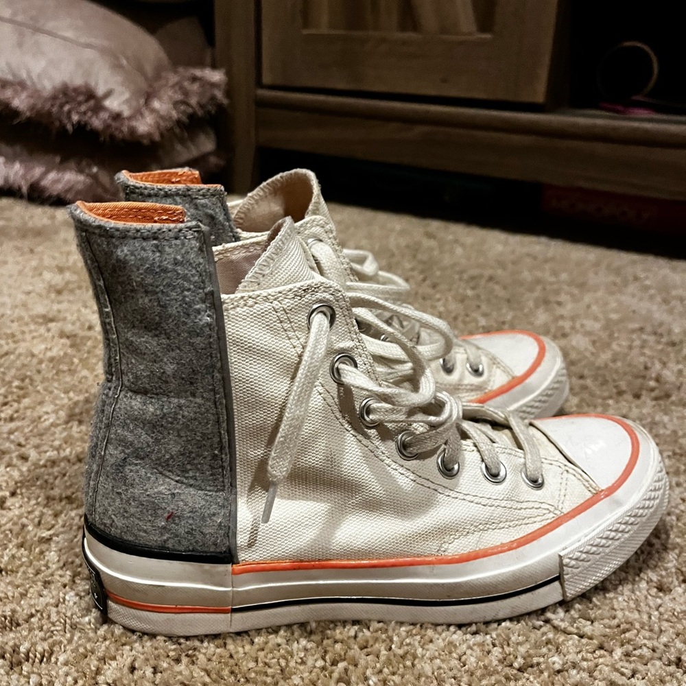 Neon pink/orange gray and white converse